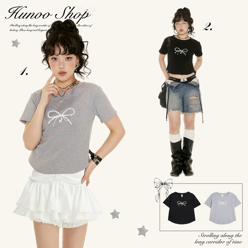 Hunoo Ballet-Style Retro Pearl Bow Print T-Shirt for Women, Short-Sleeved, Summer, Beautiful Top