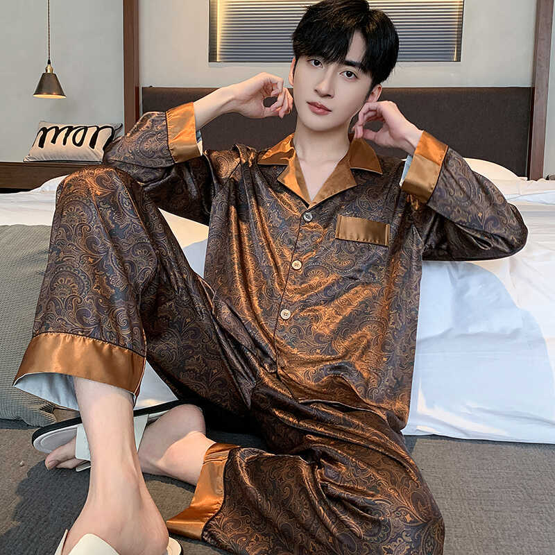 Ice Silk Cool Pajamas for Men, Breathable Long and Short Sleeves, High-End Loose Printed Youth Summer Style Home Wear Set
