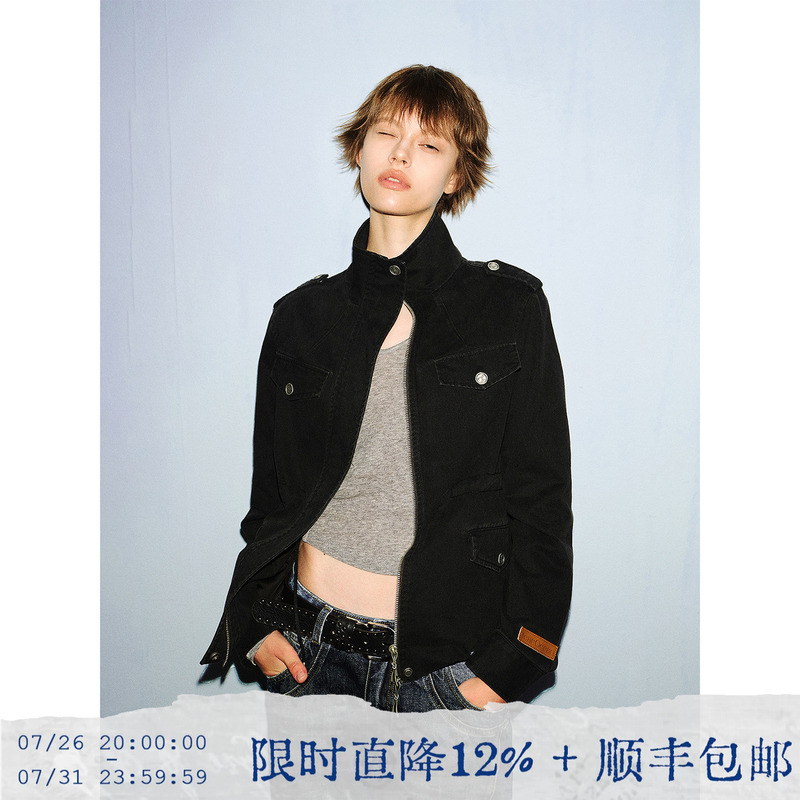 Tearocean* Retro Washed and Distressed Workwear Style Jacket with Stand Collar, Waist-Cinching, Short and Slimming Casual Coat