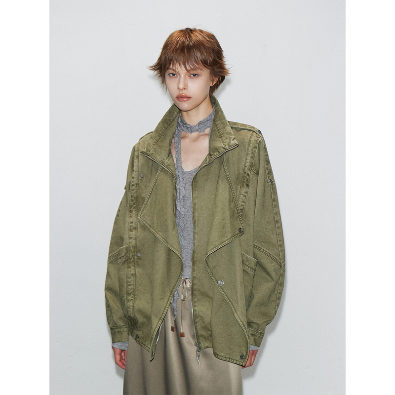 Tearocean* Street Style Casual Jacket for Women, Washed with a Slanted Placket, Stand Collar, Loose Fit, Drop Shoulder, Casual Trench Coat Tearocean* Street Style Casual Jacket for Women, Washed with a Slanted Placket, Stand Collar, Loose Fit, Drop Shoulder, Casual Trench Coat