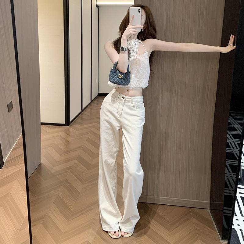 2026 Summer New Style Hot Girl Lace Halter Neck Camisole Top Straight White Casual Pants Long Pants Set for Women 2026 Summer New Style Hot Girl Lace Halter Neck Camisole Top Straight White Casual Pants Long Pants Set for Women