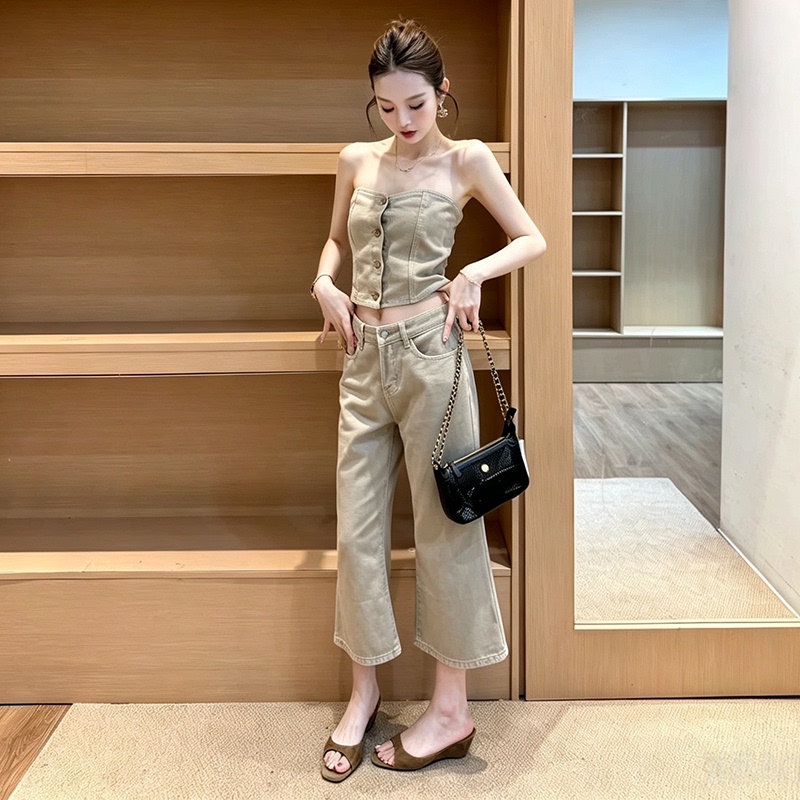 2026 Summer New Denim Set Retro Spicy Girl Single-Breasted Tube Top Short Top Flared Cropped Pants for Women