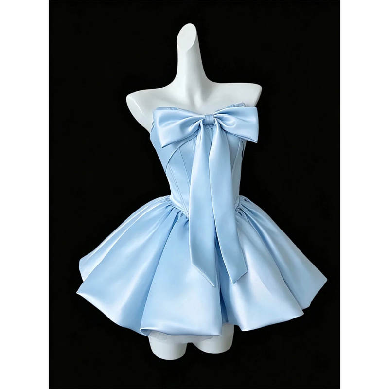Blue Strapless Birthday Party Dress 2026 Fairy-Like Elegant Dress Summer Concert Outfit for Petite Women