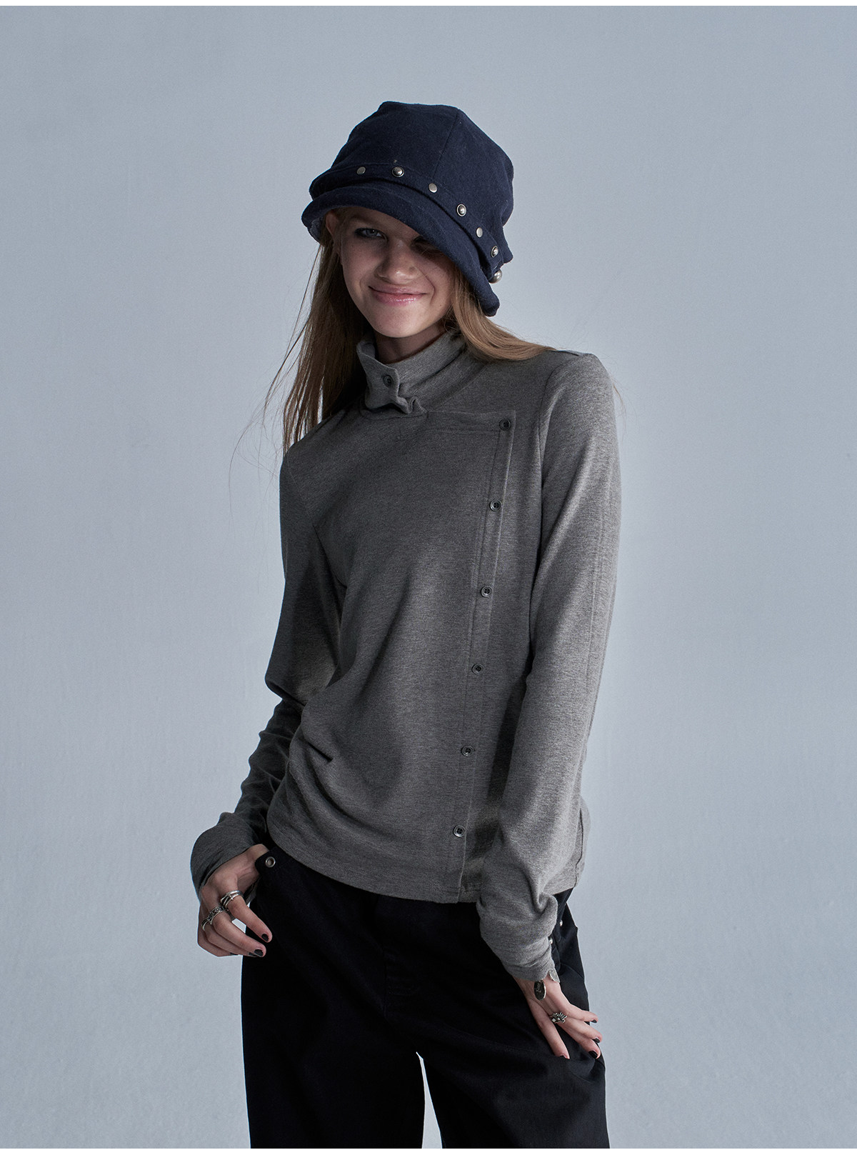wear And tear High-Neck Button-Trim Long-Sleeve Tee