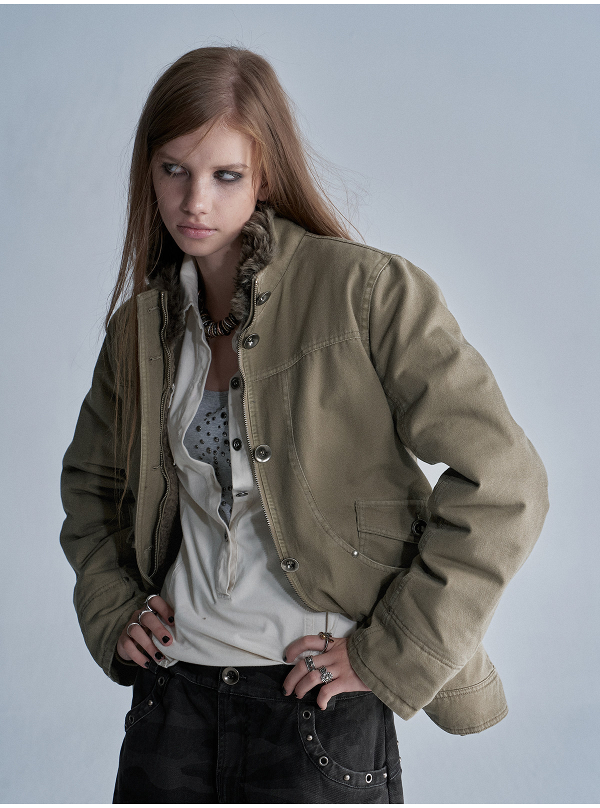 wear And tear Distressed Metal-Button Fleece-Lined Jacket