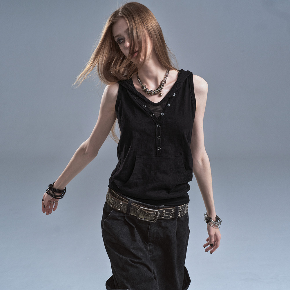 wearAndtear Faux Two-Piece Hooded Kangaroo Bag Black Punk Sleeveless Tank Top