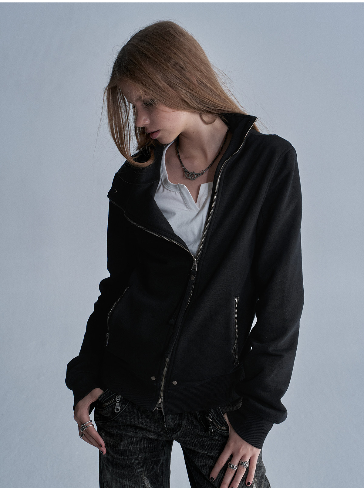 wear And tear Asymmetric Zip Rivet Fleece Jacket