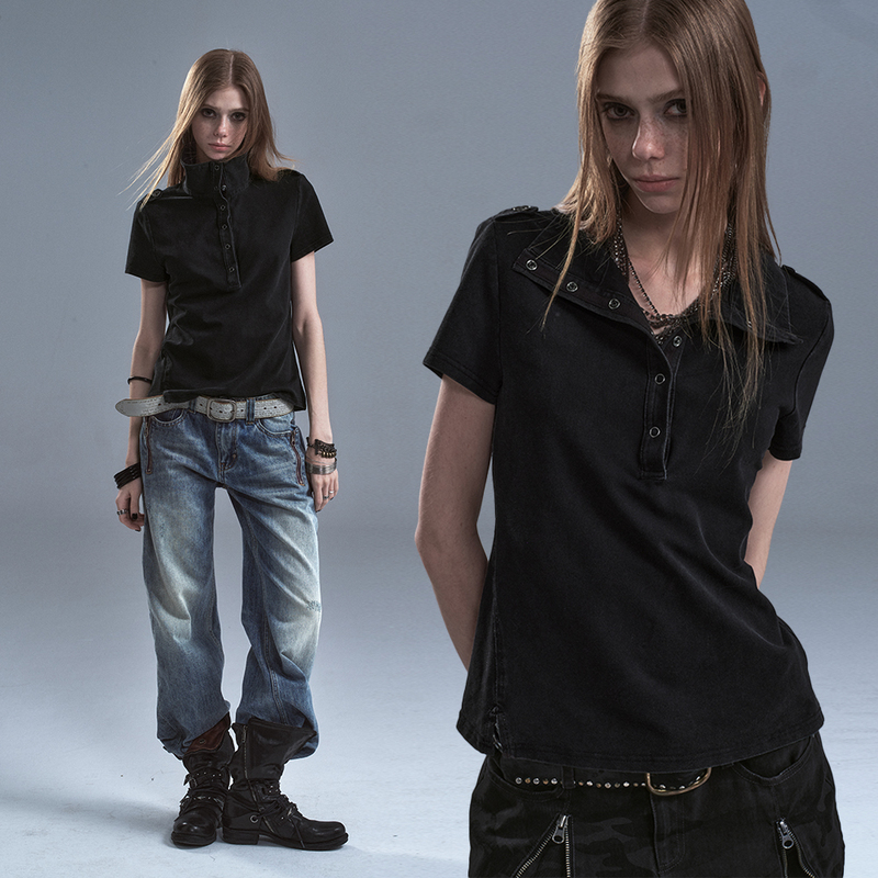 Wearandtear Stand Collar Two-Way Wear Washed and Distressed Pique Texture Metal Buckle Diagonal Slit Short-Sleeve T-Shirt