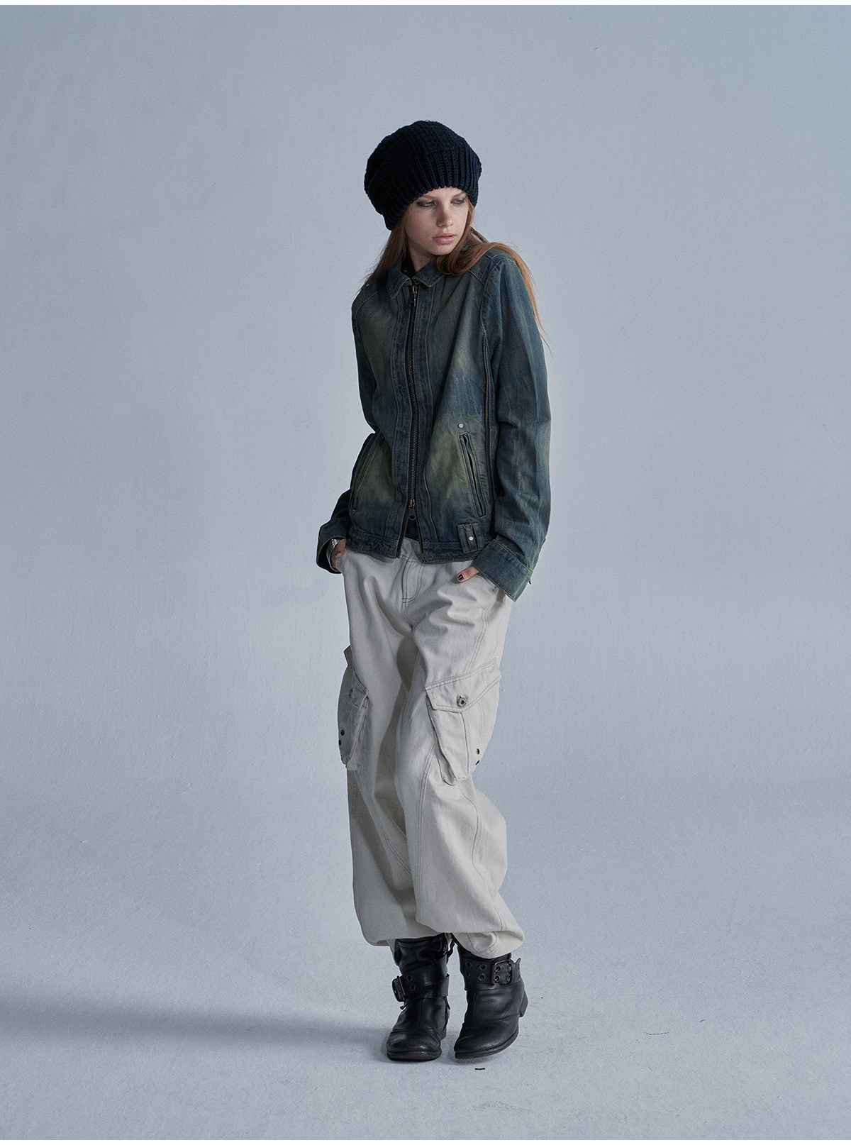 wear And tear Distressed Rivet Zip-Up Denim Jacket