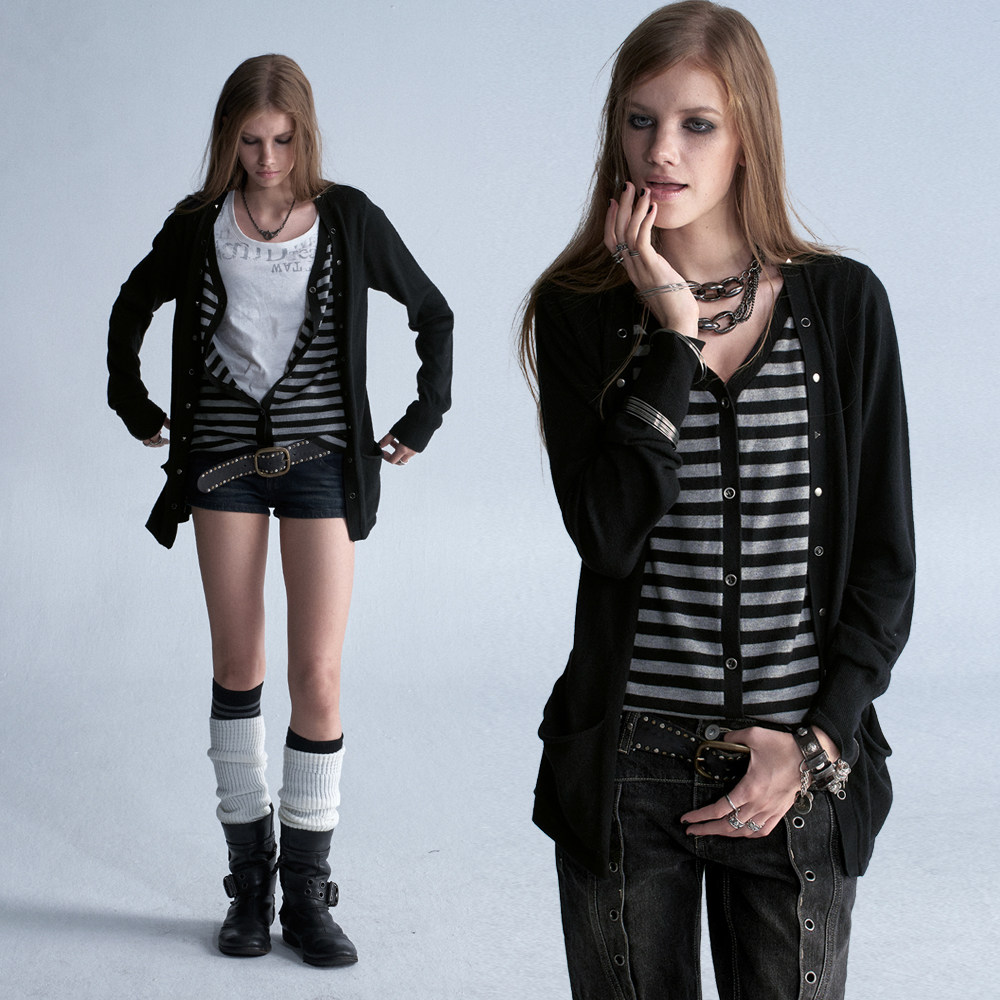 wearandtear V-neck two-piece design, versatile wool blend, black and gray striped, studded, thin punk sweater cardigan.