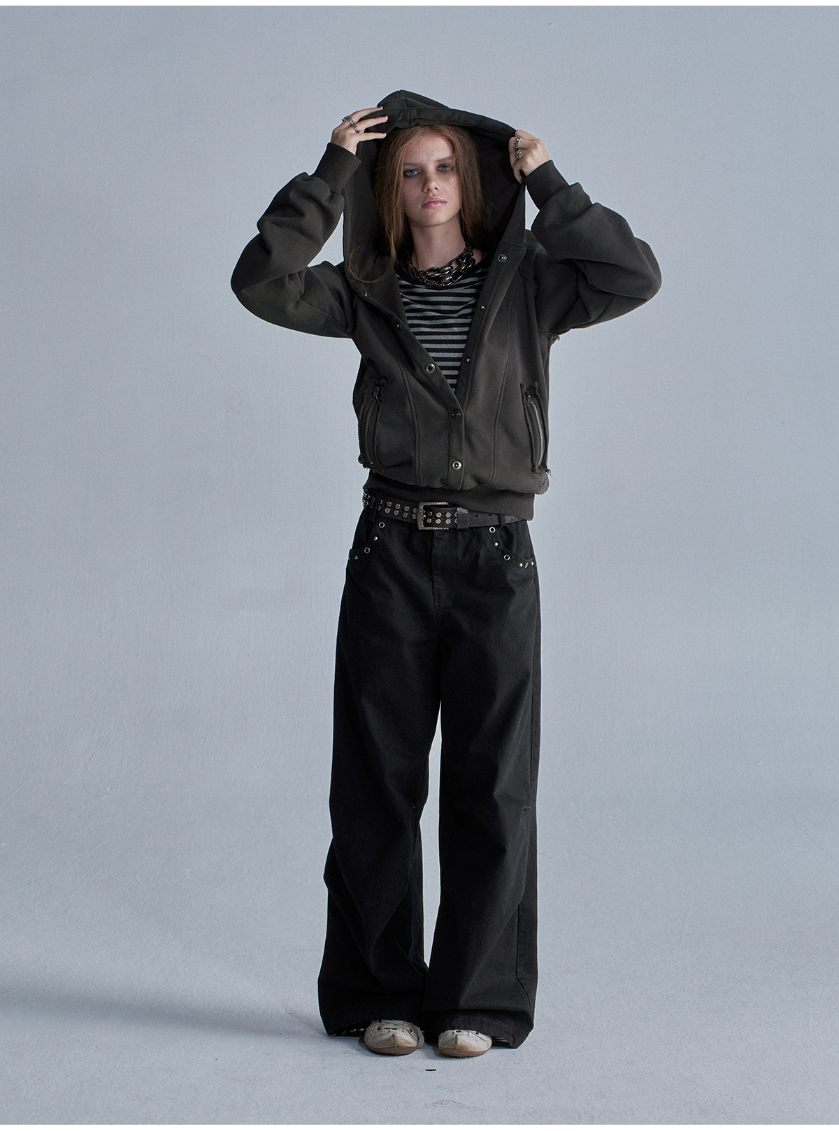 wear And tear Loose Hooded Zip-Up Terry Hoodie