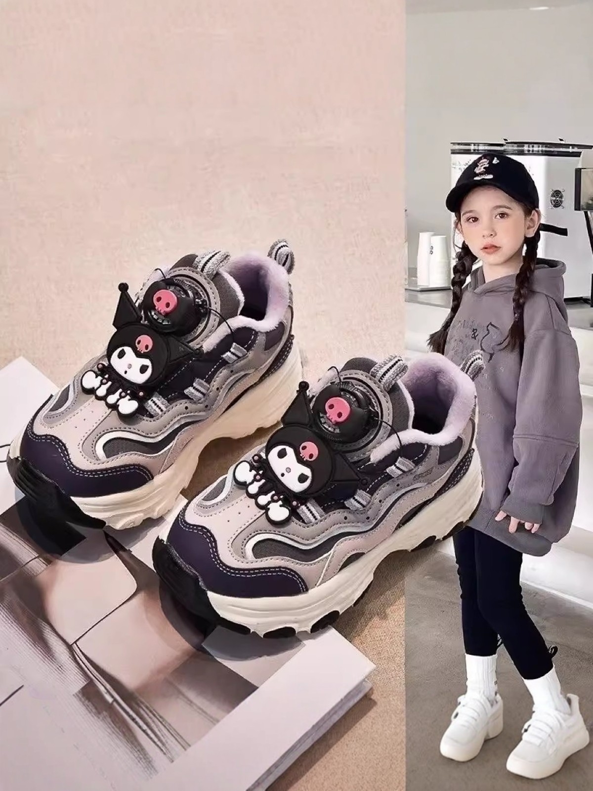 Kuromi Rotating Button Dad Shoes Girls' Sneakers 2026 New Winter Children's Fleece-Lined Running Shoes