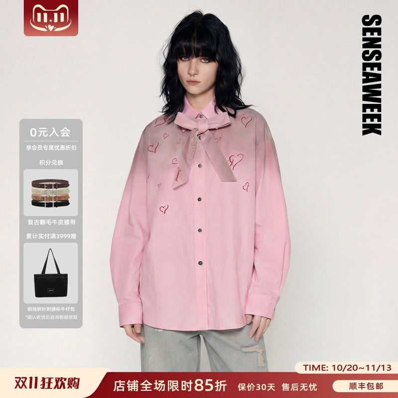 [Same Style as Song Yaxuan/Wang Sulong] Senseaweek26 Bow Tie Ribbon Heart Graffiti Spray-Dyed Shirt