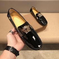 Doudou shoes mens British casual slip-on leather shoes black high-end luxury shoes European station bright leather European goods genuine leather