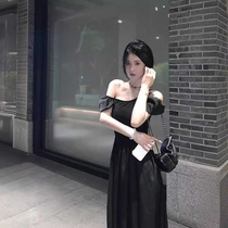 Hepburn style black short-sleeved dress for women waist-cinching temperament design niche off-shoulder long dress summer 2024 new style