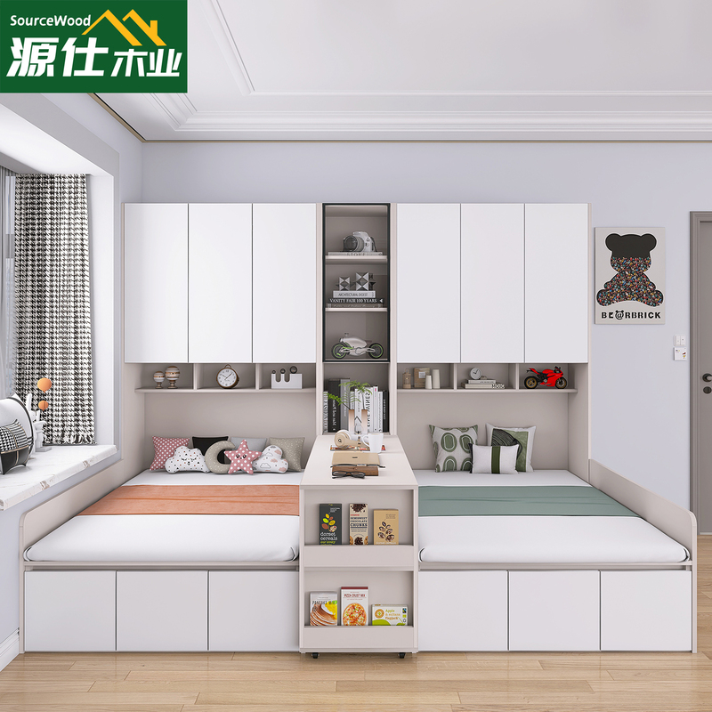 Non-Interfering Double Bed, One Room Converts into Two Rooms, Partitioned Bed, Desk, Wardrobe Integrated, Small Apartment Tatami Storage Bed