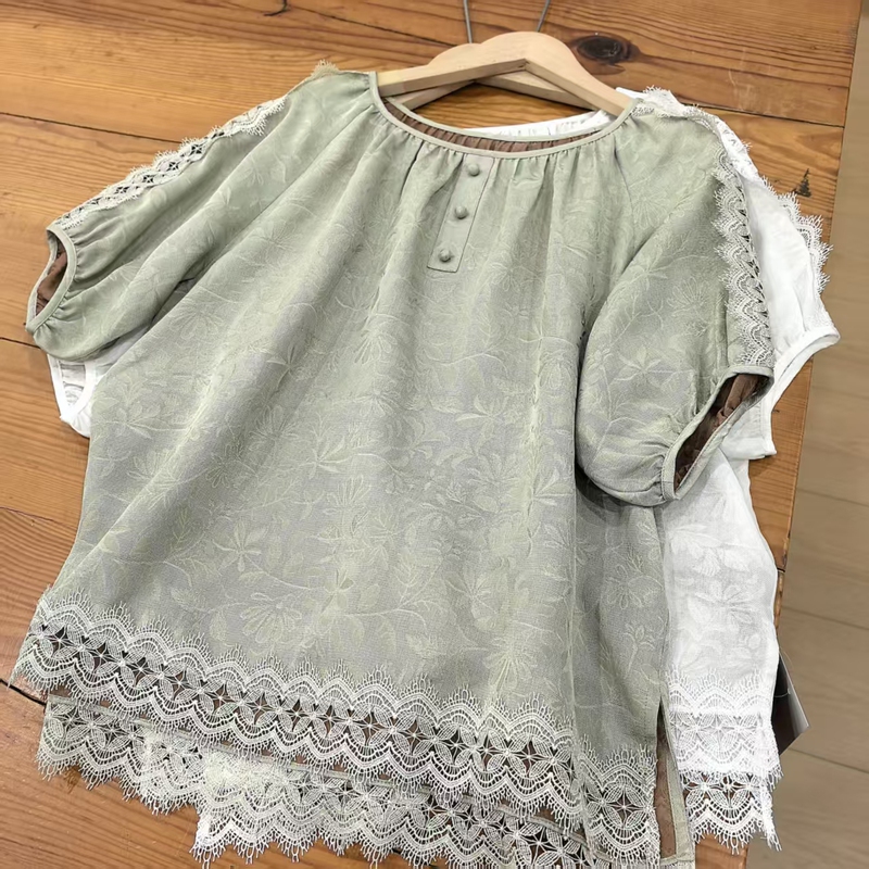 Authentic Intangible Cultural Heritage, Masterly Crafted Four-Thread Twisted Pure Mulberry Silk Half-Sleeve Shirt with Hollow Lace Splicing