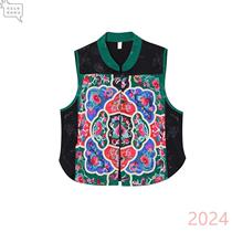 Ethnic style heavy industry old embroidery multi-color patch design vest small stand-up collar design for women