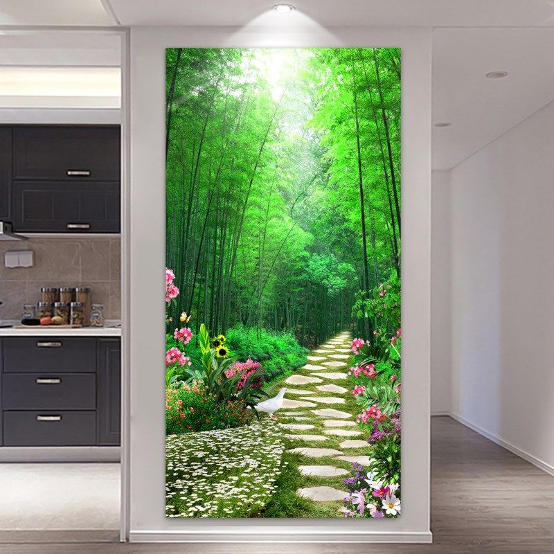 静竹玄关门画装饰画墙贴贴纸山水风景自粘过道客厅T3d立体贴画壁-Taobao