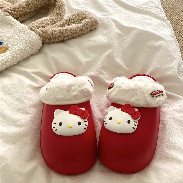 Cute Kt Cat Plush Cotton Slippers for Women 2025 New Winter Home and Outdoor Wear Non-Slip Fleece-Lined Thick Warm Cotton Shoes