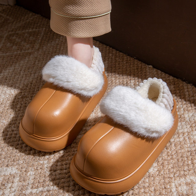 Women's Cotton Slippers for Winter, Waterproof, Closed Heel, Non-Slip, Indoor Home Use, Fleece-Lined, Thickened, Height-Increasing, Warm Women's Cotton Shoes