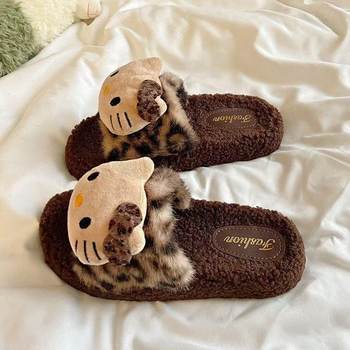 Cute Leopard Print Furry Slippers for Women 2024 New Autumn and Winter Home Indoor Non-Slip Supermarket Wholesale Cotton Slippers for Women