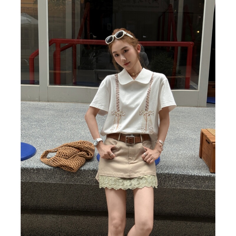 Xie Qiaoqiao's'Bowknot Aesthetics' Heavy-Duty Bowknot Braid Print Rhinestone-Embellished Lapel Loose-Fitting Versatile Short-Sleeve T-Shirt