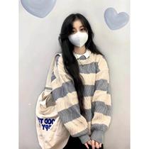 Japanese simple striped breast sweater for women in autumn and winter breast style outer wear loose lazy style soft waxy sweater top