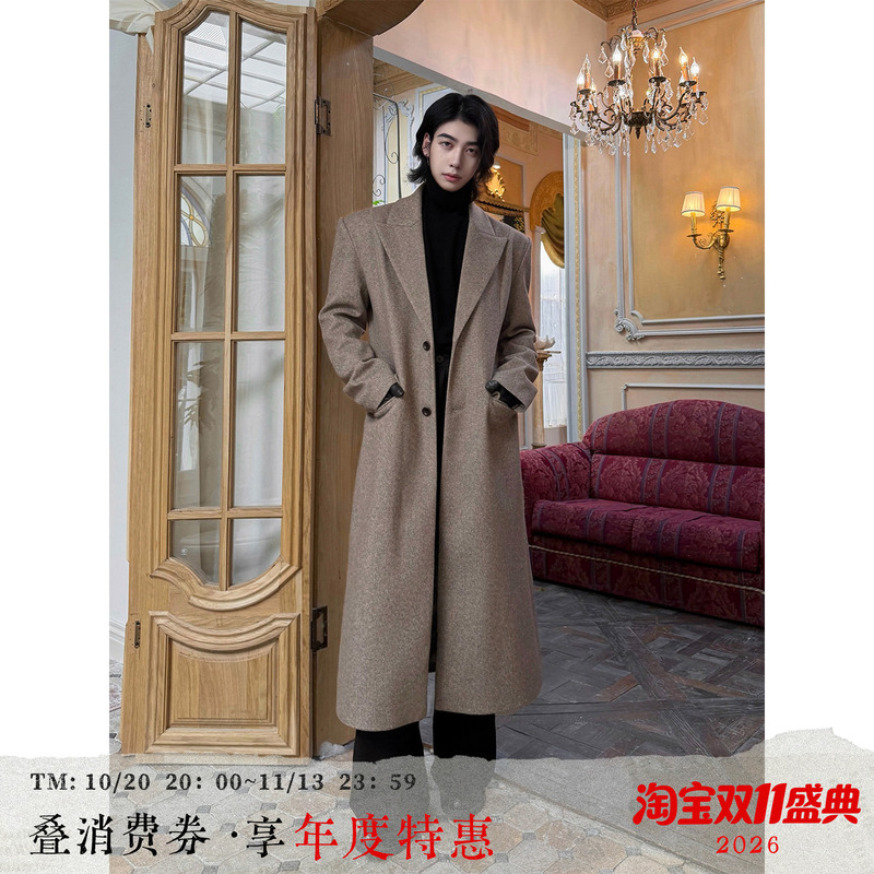 Balitone "Cape Town Afterglow" Original Gray-Brown Peaked Lapel Herringbone Pattern Long Waisted Woolen Coat