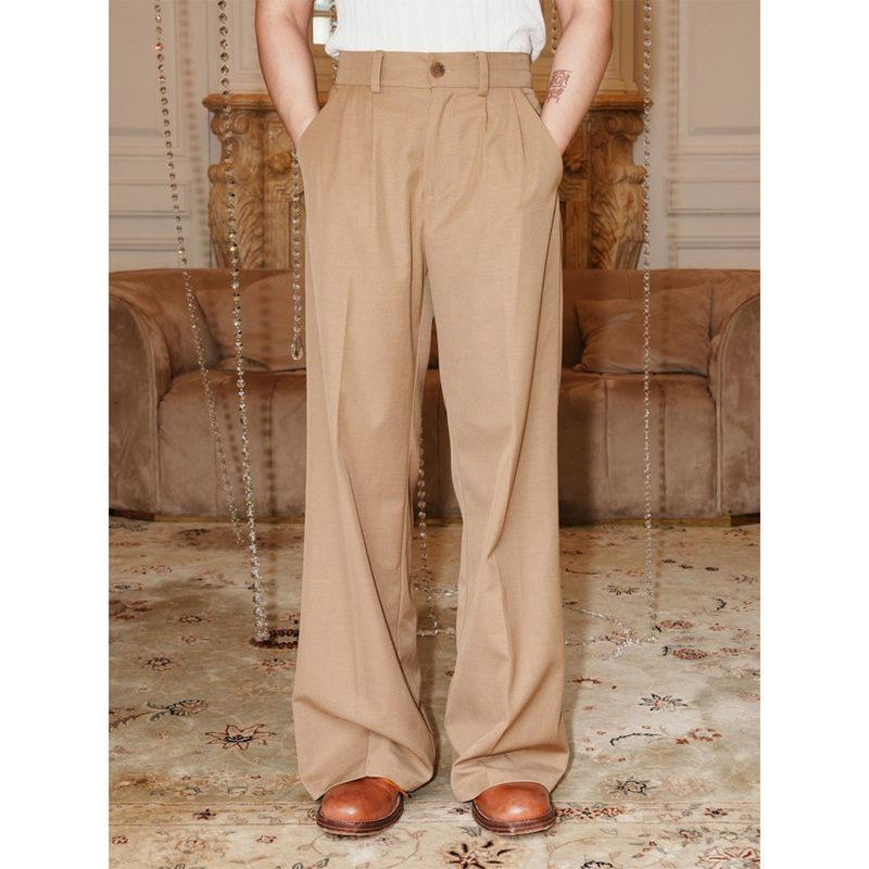 Balitone "French Brown Trace" Original Khaki Old Money Style Straight-Leg Trousers with Drapey Casual Flared Long Pants