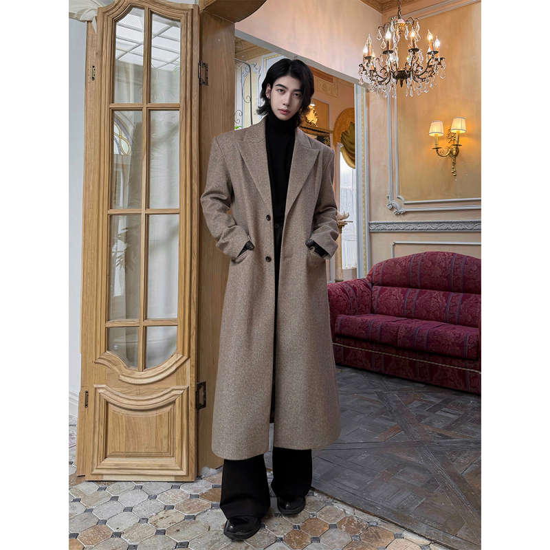 Balitone "Cape Town Afterglow" Original Gray-Brown Peaked Lapel Herringbone Pattern Long Waisted Woolen Coat