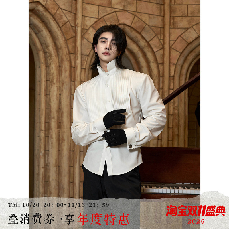 Balitone "Celebrity Scene" Black and White Embroidered Accordion Pleated Shirt Formal Cufflinks Long Sleeve Waist-Tightening Shirt