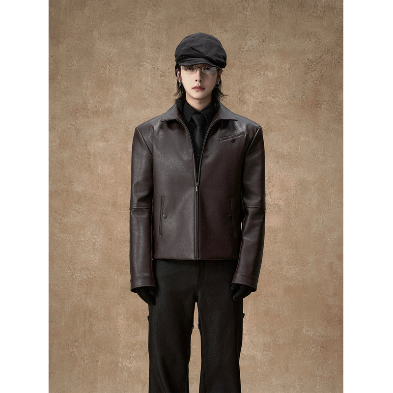Balitone "Tower of Babel" Retro Dark Brown Lapel Leather Jacket for Men, Autumn and Winter, with Padded Shoulders Balitone "Tower of Babel" Retro Dark Brown Lapel Leather Jacket for Men, Autumn and Winter, with Padded Shoulders