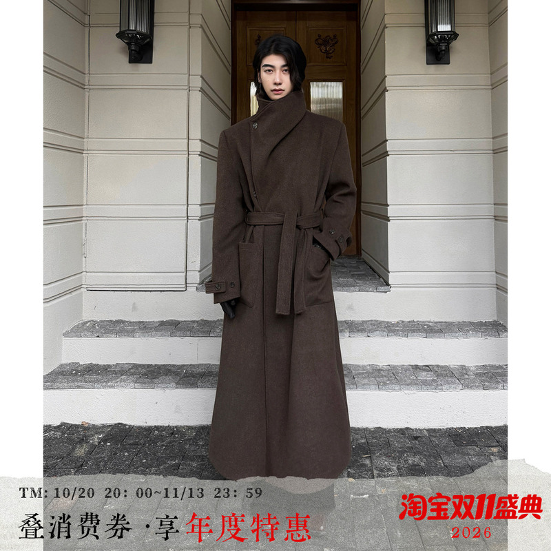 Balitone "Dusk Movement" Original Brown Wool Blend Multi-Form Stand Collar Long Woolen Coat