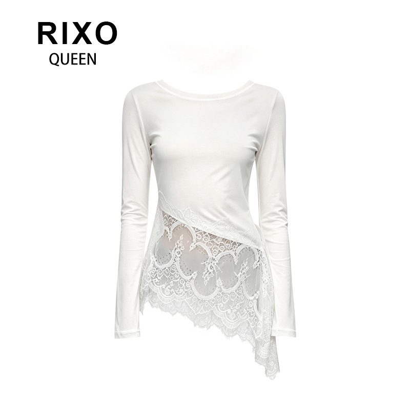 Rixo Queen【Same Style as Xu Yiyang】2026 Early Autumn New Style Hem with Diagonal Lace Splicing Top for Women Rixo Queen【Same Style as Xu Yiyang】2026 Early Autumn New Style Hem with Diagonal Lace Splicing Top for Women