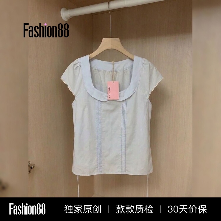 New Korean-Style Sweet Doll Collar Tie-Up Short-Sleeve Shirt for Women with Lace Trim, Slim Fit, Versatile Base Shirt