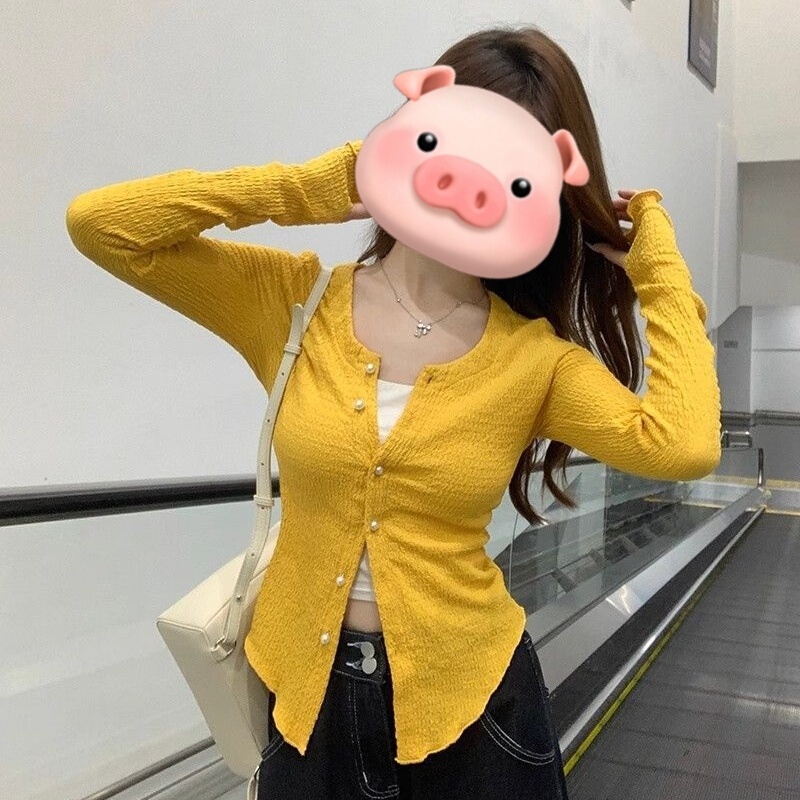 Summer New Style Yellow Knitted Cardigan for Women, Thin, Slim-Fitting, Buttoned, Sun-Protective, Long-Sleeved Top, Dopamine Style