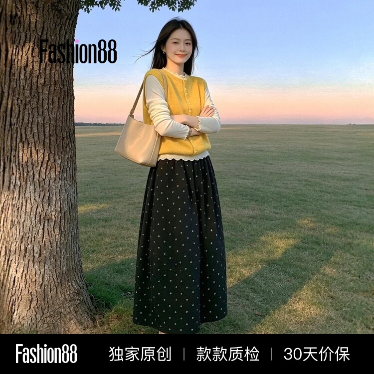 2026 New Yellow Polka Dot Vest Dress for Women Early Autumn Korean Style Outfit Set Long Dress 2026 New Yellow Polka Dot Vest Dress for Women Early Autumn Korean Style Outfit Set Long Dress