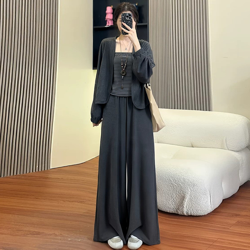 Three-Piece Fashion Casual Sports Suit 2026 Early Autumn New Women's Autumn Wide-Leg Pants Suspender Cardigan Top