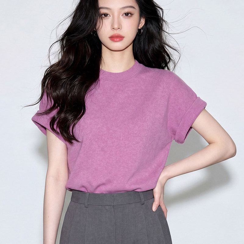 Summer Unique Purple T-Shirt for Women 2026 Super Trendy Age-Reducing Korean Style Unique Beautiful Short-Sleeve Top