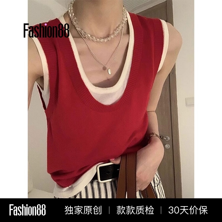 Red U-Neck Fake Two-Piece Knitted Vest for Women 2026 Summer Outerwear Loose Color-Blocking Sleeveless Top for Commuting Wear Red U-Neck Fake Two-Piece Knitted Vest for Women 2026 Summer Outerwear Loose Color-Blocking Sleeveless Top for Commuting Wear