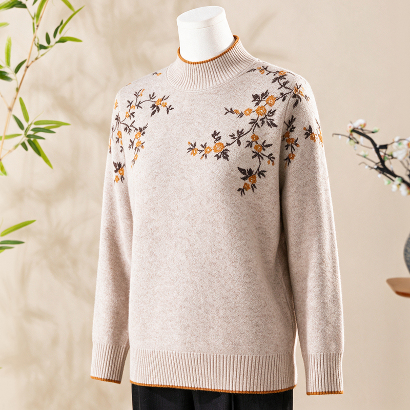 Middle-Aged and Elderly Women's Half-Turtleneck Knitted Sweater with Contrasting Collar, Plum Blossom Jacquard, Loose Long Sleeves, Suitable for Spring and Autumn