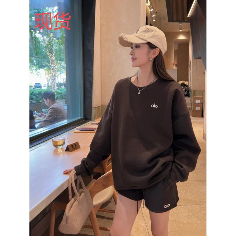 Alo2025 Spring Letter Logo Terry Crew Neck Long Sleeve Loose Couple Sweatshirt Solid Color Simple Versatile Yoga