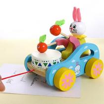 Childrens trolley baby dragging toddler animal bunny drumming drum wooden trolley toy 1-3 years old
