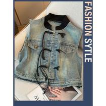 New Chinese style disc buckle denim vest for women 2024 summer new style retro slim sleeveless vest vest vest