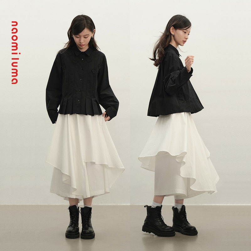 Naomi Luma's "Sweet Little Flower" Japanese Dark Style Floral Shirt, Niche Design, Pleated, Lazy Style, Long Sleeves
