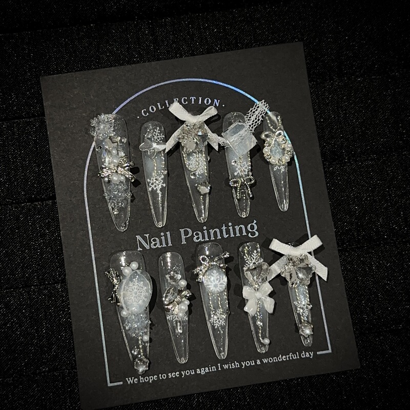 Purely Handmade, High-End White, Heavy-Duty, Light Luxury, Long Style, Moonlight Gentle Temperament, Full Diamond Sparkling Nail Art Stickers