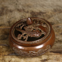 Pure copper carved flat bottom incense burner aromatherapy burner desk burner agarwood burner sandalwood burner practical antique collection