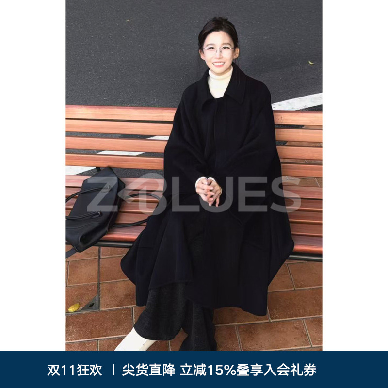 Z.Blues Cashmere Wool Blend Hepburn Style Double-Sided Woolen A-Line Cape Coat for Women Autumn and Winter Woolen Coat