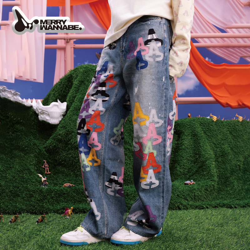 Merrywannabe Anniversary Limited Edition "A" Series 3D Printed Full Lettering Denim Pants Pure Cotton Trousers